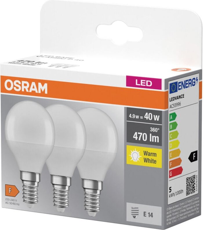 Osram - homelighting 4058075090507 led eek f (a - g) E14 Glühlampenform 4.9 w = 40 w Warmweiß (ø x l)