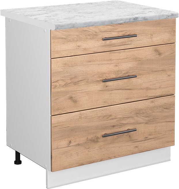 Vicco - Küchenunterschrank Fame-Line, Goldkraft Eiche, 80 cm mit 3 Schubladen, ap Marmor