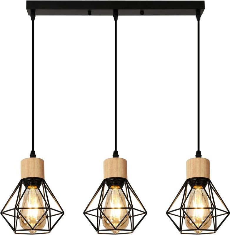 Goeco - Pendelleuchte aus Schwarz und Holz, industrieller Wohnzimmer-Kronleuchter aus Metall, 3 Lampen E27, Vintage-Deck...