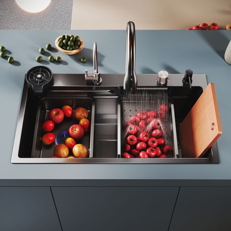 Spülen mit 1 Becken Edelstahlspüle Küchenspüle, Einbecken-Unterbauspüle mit Korb für Wasserfilterung, Seifenspender, Abw...