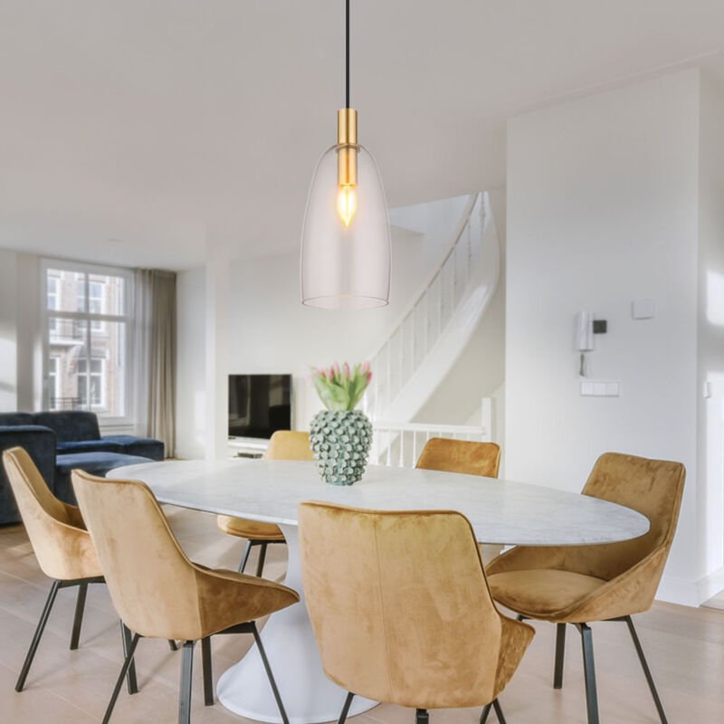 Pendellampe Esstischleuchte Hängelampe Glas Wohnzimmerlampe, Metall messing, 1x E14, DxH 14x120 cm