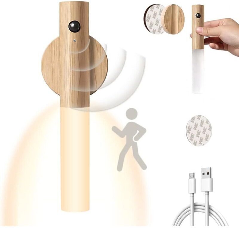 Wiederaufladbare Holzwandleuchte mit USB-Anschluss für den Innenbereich, mit induktivem Bewegungssensor, batteriebetrieb...