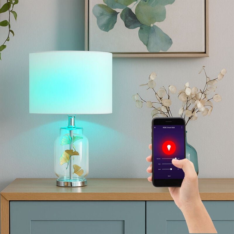 Smart Tischleuchte Glas Tischlampe Beistellleuchte Blätter Design Textilschirm weiß, Metall, 1x RGB LED 5W 470Lm warm-ka...