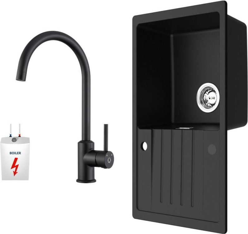 Cecipa Max - Küchenspüle 78x45cm Granitspüle Anthrazitschwarz Mit Abtropffläche + Niederdruck-Küchenarmatur Schwarz Hohe...