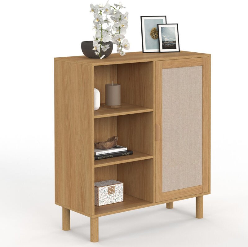 Beistellbuffet mit 3 Regalen und Schrank 70 cm ROBIN Holz und Leineneffekt