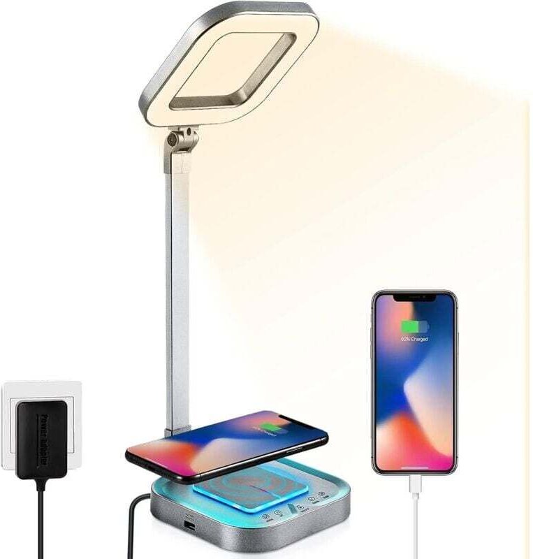 LED-Schreibtischlampe mit 10-W-Wireless-Ladegerät und USB-Anschluss, verstellbare und flexible Touch-Bedienung, Nachttis...