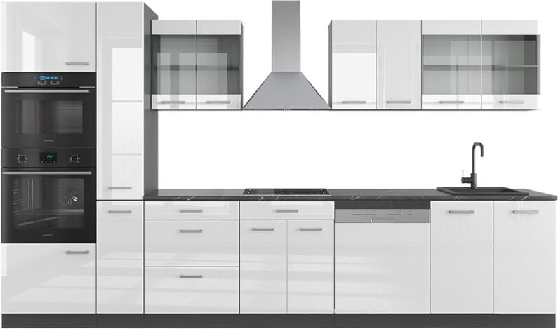 Küche R-Line, Weiß Hochglanz/Anthrazit, 350 cm mit Hochschrank, Vicco