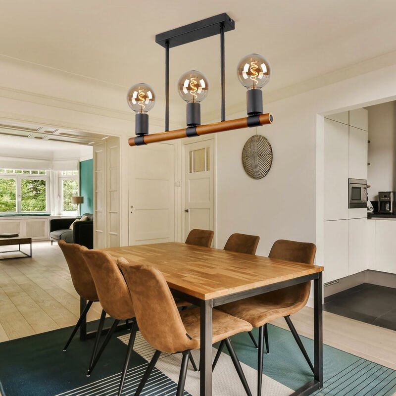 Etc-shop - Deckenlampe Deckenleuchte Wohnzimmerlampe Esstischleuchte Holzlampe Holzleuchte, 3 Flammig Retro, Metall schw...