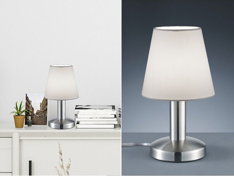 Meinewunschleuchte - led Tischlampe mit Stoff Lampenschirm Weiß & Touchfunktion dimmbar, Höhe 24cm