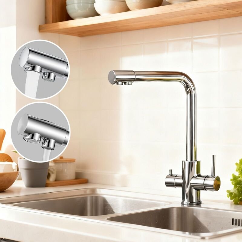 AICA Wasserhahn Chrom Küche Spültischarmatur 3-Wege mit Trinkwasserfilter 2-Hebel Design für Doppelspülen 360° Schwenkba...