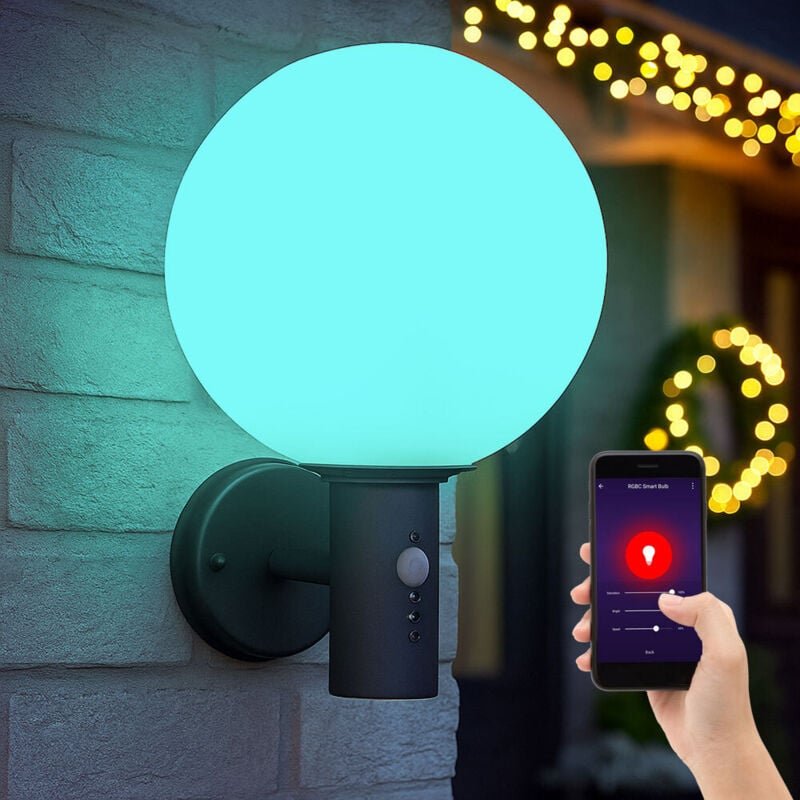 Wandlampe mit Bewegungsmelder Außenleuchte Anthrazit Kugellampe Sensor led Hauswandleuchte, Glas Edelstahl, App Steuerun...
