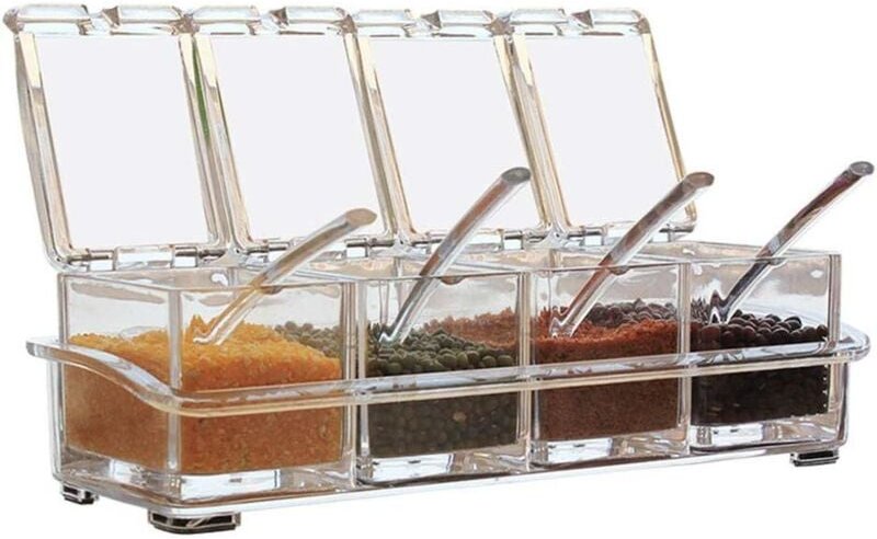 Set mit 4 transparenten Gewürzdosen aus PS-Kunststoff mit Löffel zum Kochen, für den Haushalt, Salz und Zucker
