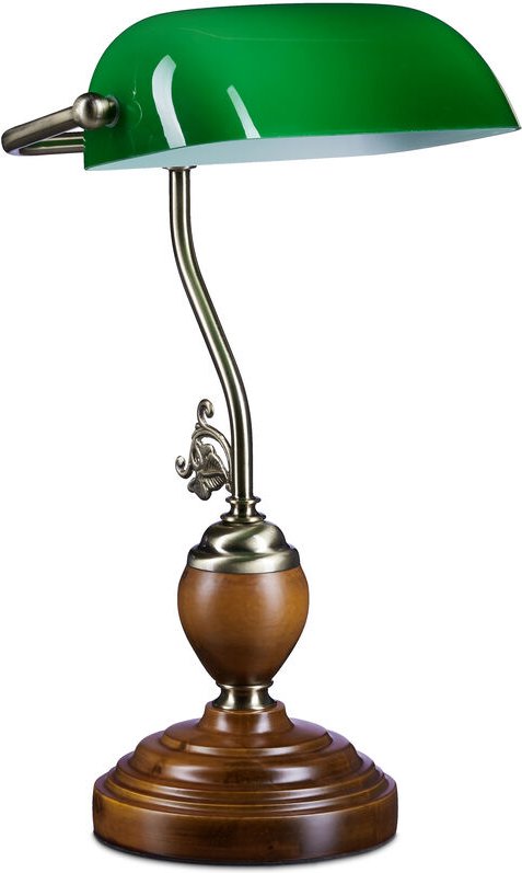 Bankerlampe Holzfuß, Retro Schreibtischlampe, Messing-Optik, HxBxT:26,5x43x18cm, Holz/Glas/Metall, grün - Relaxdays