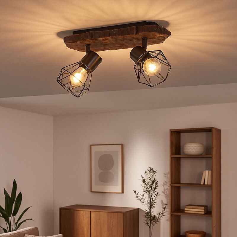 LED Deckenlampe Wohnzimmer Holzoptik Deckenstrahler 2 flammig Retro Geflecht Spots verstellbar, Metall Kunststoff, 2x 6,...