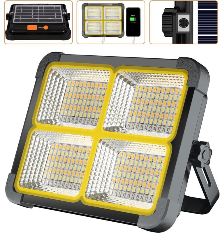Ulisem - Wiederaufladbarer LED-Strahler 336 LEDs/ 100 w/ Solarpanel/ 4 Beleuchtungsmodi/ 12000 mAh externer Akku/ Magnet...