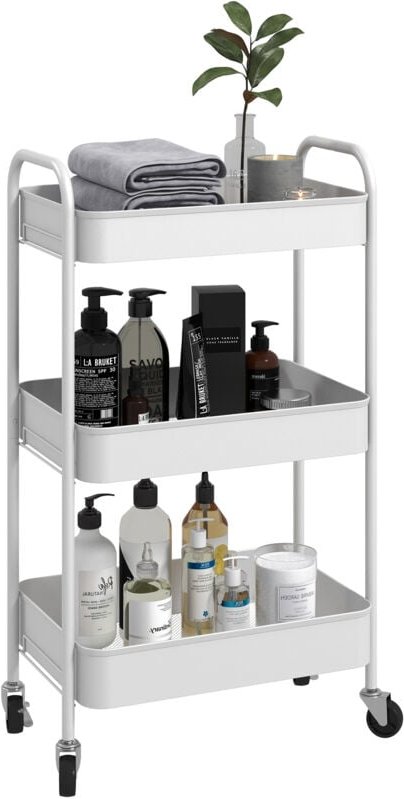 Servierwagen Rollwagen mit 3 Etagen, Küchenwagen, Aufbewahrungswagen, Beistellwagen für Küche, Wohnzimmer, Stahl, Weiß -...