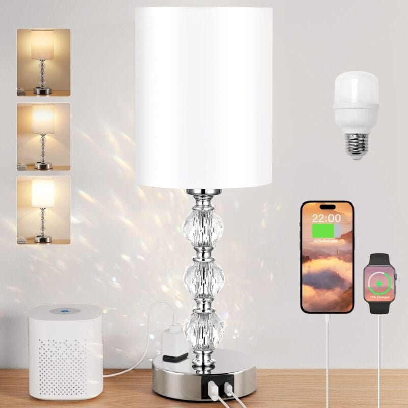 Crystal Touch Nachttischlampe für Schlafzimmer, mit USB C+A Ladeanschluss und AC-Steckdose, Weiß, 3 Lichtintensitäten, S...