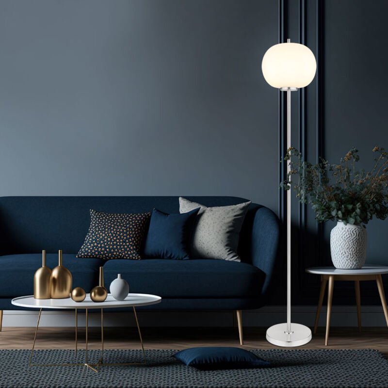 Stehleuchte Glasschirm opal Standlampe silber Wohnzimmerleuchte stehend, Metall nickel, E27 Fassung, DxH 30x160 cm