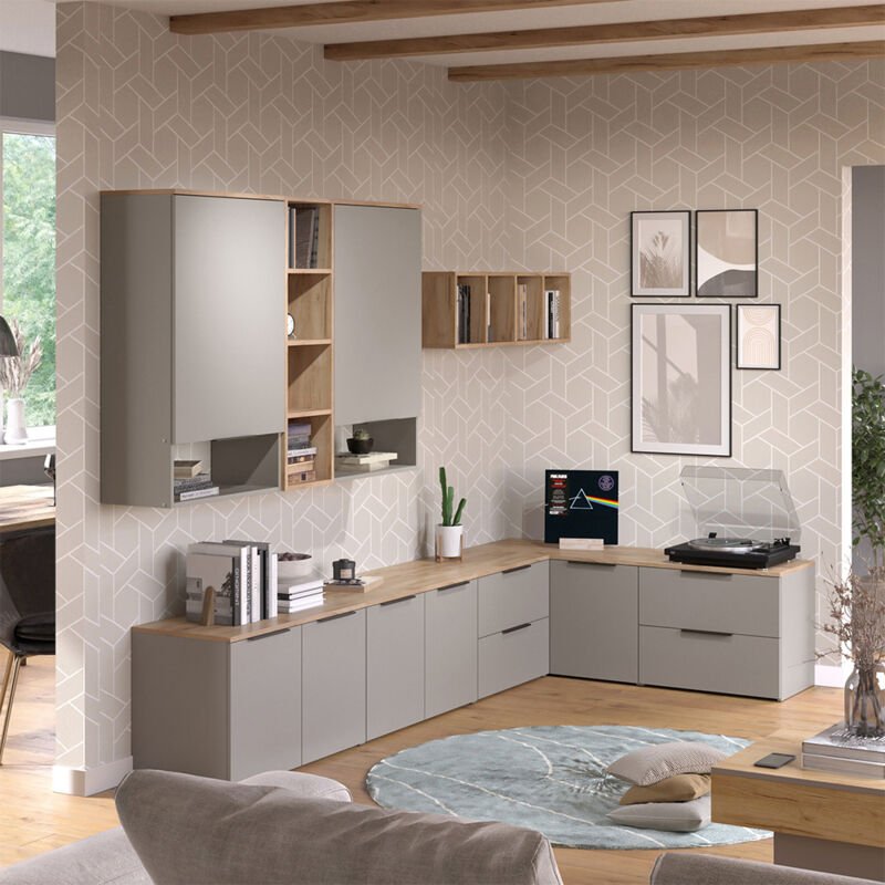 Wohnwand Wido, Greige, 9 Teile, Vicco