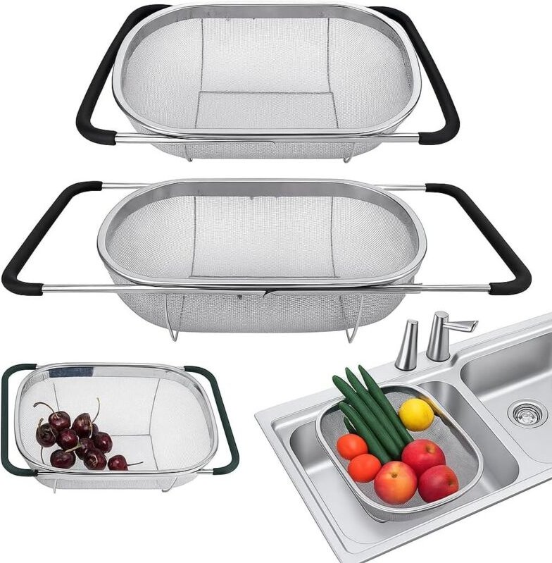 Hochwertiges ovales Edelstahlsieb mit feinmaschigem Korb und ausziehbaren Gummigriffen – zum Filtern, Abtropfen und Absp...