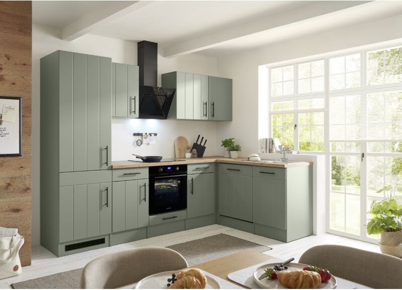 L Küche Winkelküche Landhaus Grün Anton 280 Induktion Kühlschrank groß Respekta