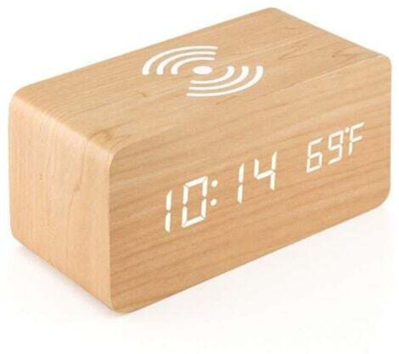 Digitaler Wecker mit Thermometer und kabelloser Ladefunktion, LED-Holzwecker mit integriertem Wireless Charger, Holzuhr ...