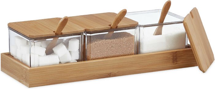 Relaxdays Gewürzbehälter 3er Set, Gewürzdosen mit Löffel & Deckel, Kunststoff, Bambus, Zuckerdosen, Tablett, transparent