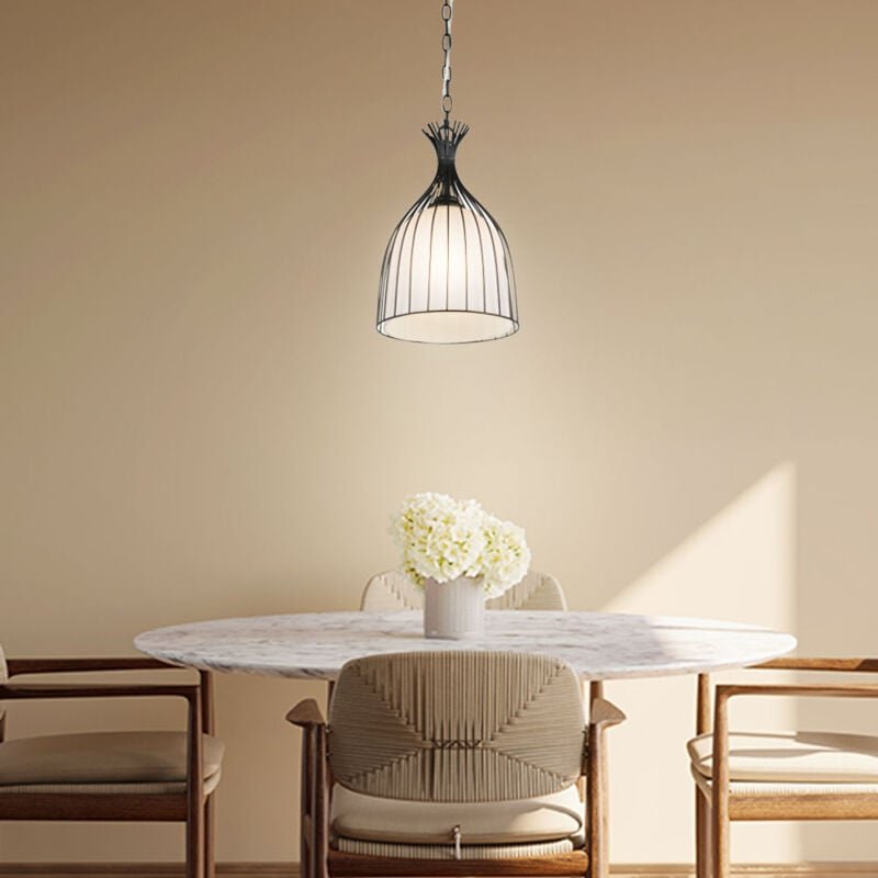 Pendelleuchte schwarz Flur Hängelampe Glas Esszimmer Deckenlicht schwarz, Käfig Design opal weiß, 1x E27, DxH 23 x 150 c...