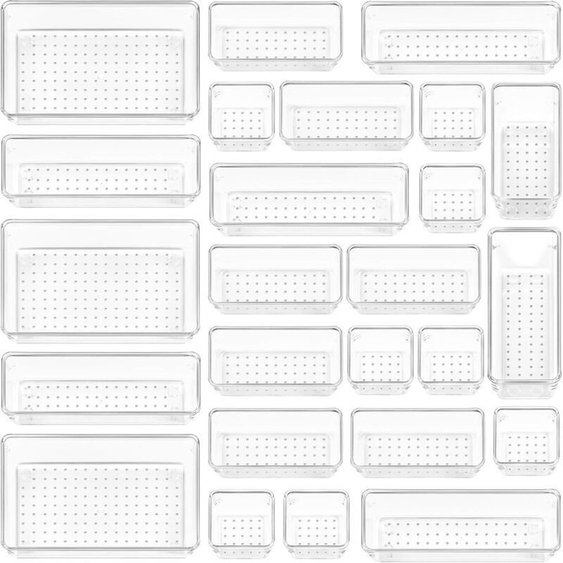 25 Schubladeneinsätze – 4 Größen, transparente Kunststoff-Aufbewahrung – ideal für Badezimmer, Schminktisch, Büro, Küche...