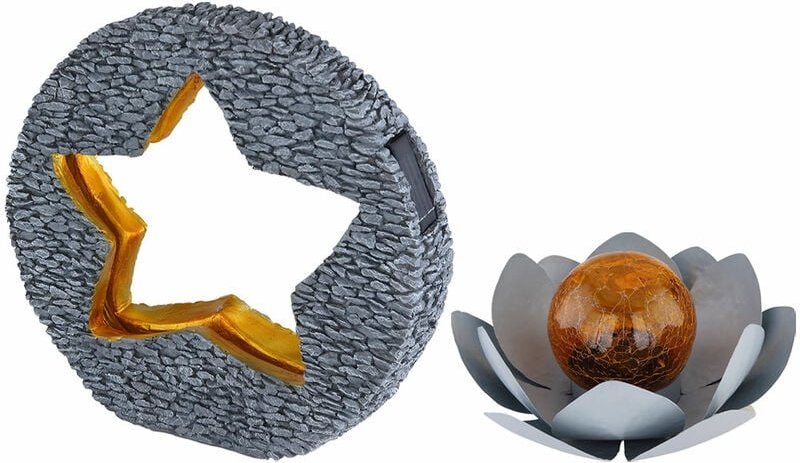 Led Solarleuchte Lotusblume Außenleuchte Garten Solarlampe Stern Gartenlampe, IP44 Akku, Crackle Glaskugel goldfarben, 2...