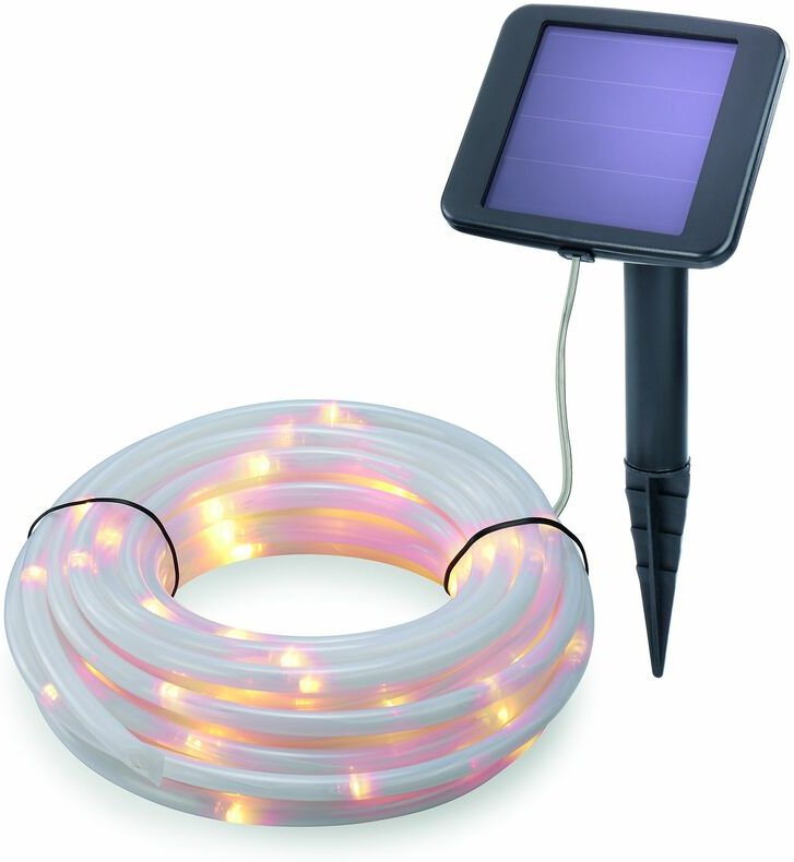 Solar Lichtschlauch, 10m, 100 LEDs, warmweiß, Zuleitung 2m, Akku, Solarmodul, Erdspieß, Wintergarten, Außenlichterkette,...