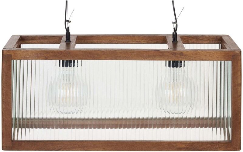 Hängeleuchte Hellbraun Mango-Holz 2-Flammig mit Schirm Geometrisch Glas Rillen-Optik Langes Kabel Rustikal Esstisch Wohn...