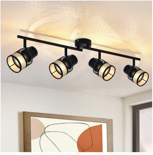 Deckenstrahler 4 Flammig Vintage Deckenleuchte - Deckenspot Schwarz led Metall E27 330°Schwenkbar Deckenlampe Gold Stoff...