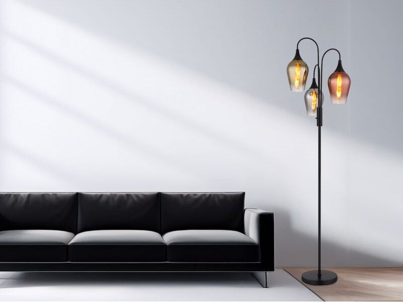 Ausgefallene led Stehleuchte mit drei bunten Glasschirmen, Höhe 165cm