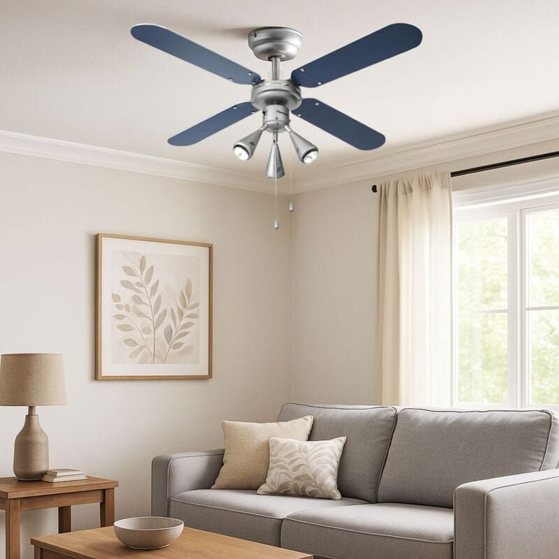 Led Deckenventilator Zugschalter Ventilator Vor-Rücklauf Lüfter wendbare Flügel, Spots beweglich, silbergrau/marineblau,...