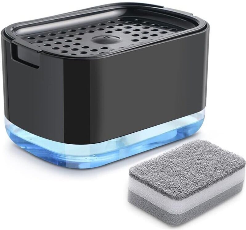 Spülmittelspender (schwarz), (Schwamm nicht enthalten), 2-in-1-Seifenspender, Pumpseifenspender