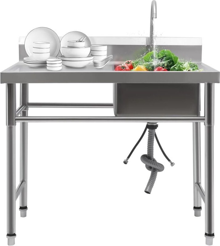 Küchenspüle, 1 Becken, Ablauf rechts, Ablagefläche links, Edelstahl-Spülbecken mit Wasserhahn und Ablaufschlauch, 100 x ...