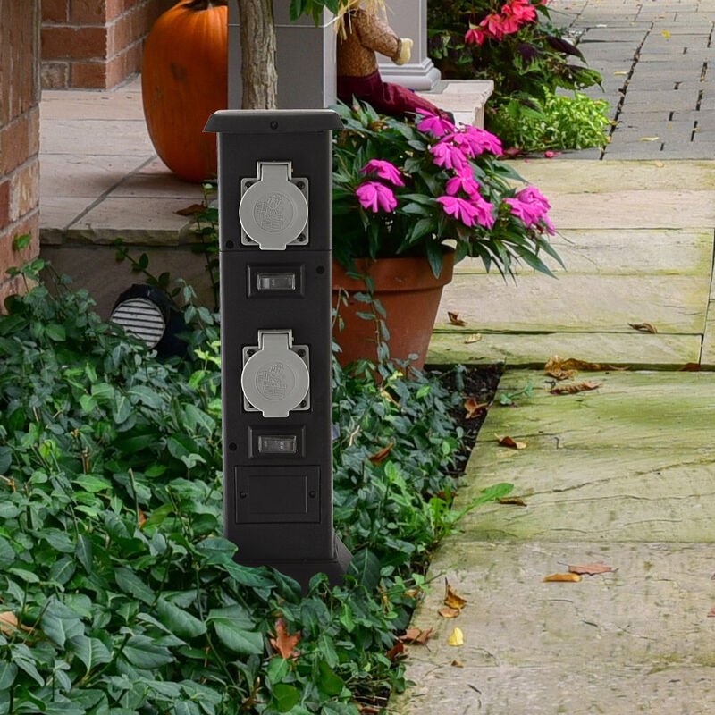 Wetterfeste Steckdose IP44 Stromsäule Garten Vierfachsteckdose Außen, schwarz, max. 3680 Watt 16A, LxBxH 16x16x40, Terra...