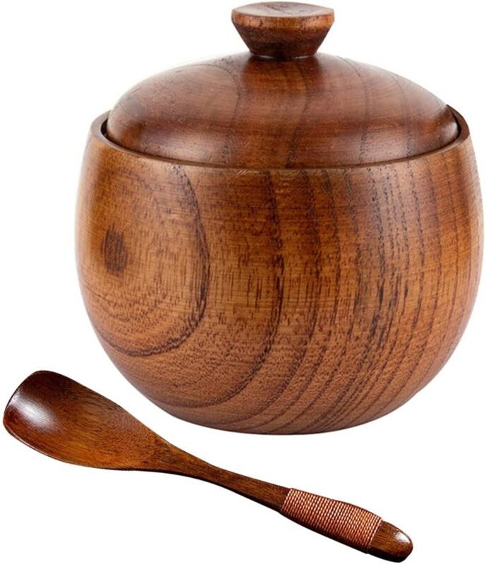 Salzstreuer aus Holz mit Deckel und Löffel, runder Salzbehälter mit abgerundeten Ecken, geeignet zur Aufbewahrung von Sa...