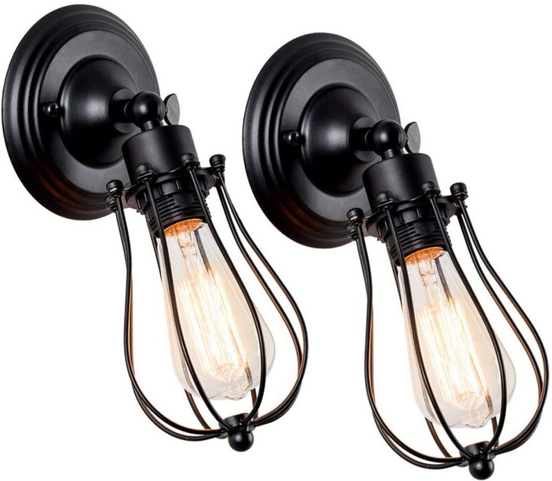 2er Industrielle Wandleuchte E27 Metall Käfig Wandlampe Verstellbare für Esstisch, Schlafzimmer, Kaffee, Bar (Schwarz)