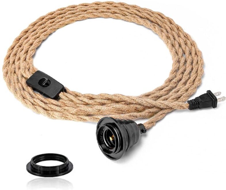 Pendelleuchten-Set mit Steckerschalter, Vintage-Stofflampe mit E27-Fassung aus gedrehtem Hanfseil, Pendelleuchten-Sockel...