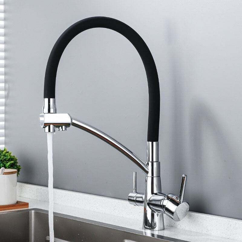 Dreiwege-Küchenarmatur, flexible Mischbatterie, 360° verstellbare Trinkwasser-Spültischarmatur (Doppelgriff), Messingkor...