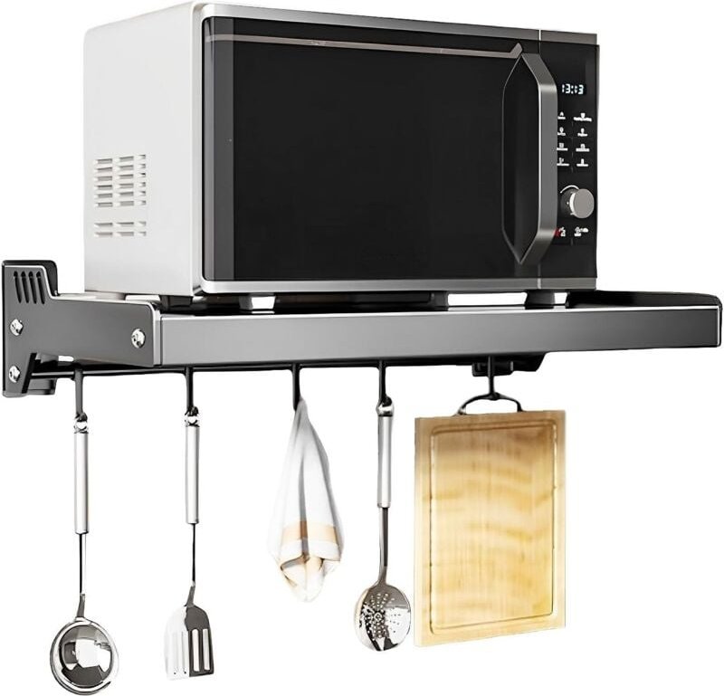 Wandmontiertes Mikrowellenregal, Topfgestell aus Edelstahl mit verschiebbaren Haken (grauer Haken)