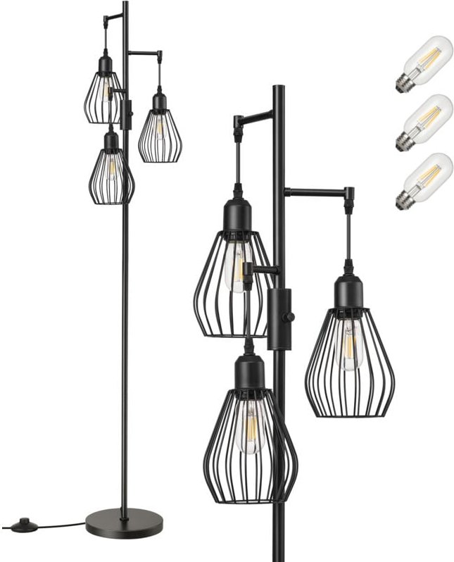 EDISHINE Stehlampe Wohnzimmer, 3-flammige Stehleuchte Dimmbar mit E27 LED-Glühbirnen, 2700K warmweiß, 166 cm, Käfig Lamp...