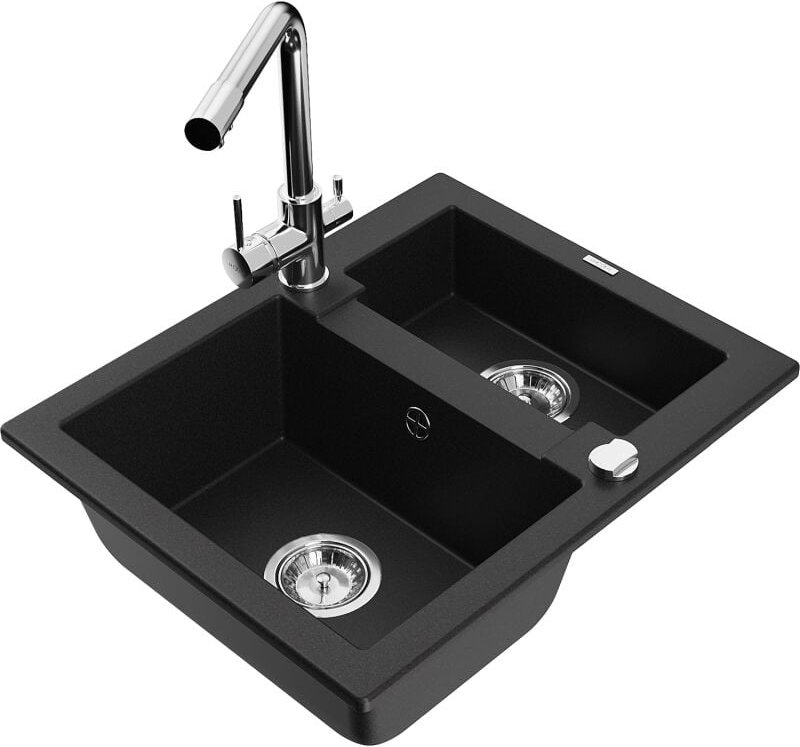Mexen Carlos 1,5-Becken-Granitspüle mit Mischbatterie Duero, Schwarz - 6518-77-671600-00