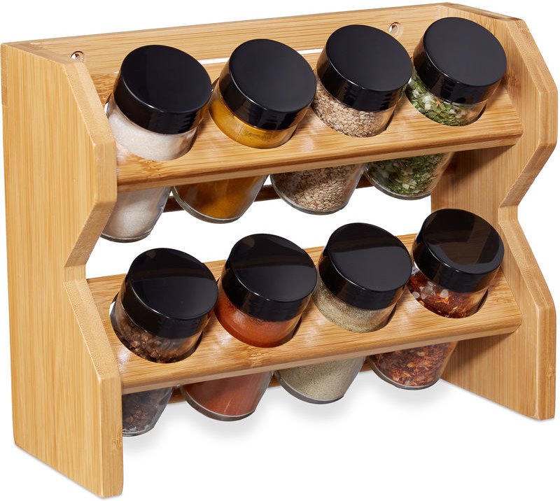 Gewürzregal, 8 Gewürzgläser, mit Streuaufsatz & Schraubverschluss, Stellen & Hängen, Bambus Würzregal, natur - Relaxdays