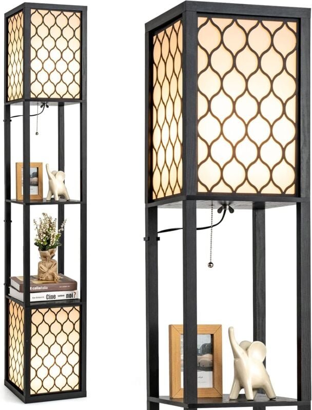 Stehleuchte Regal 156cm, Standleuchte Holz, E27 Stehlampe, Moderne Innenbeleuchtung mit 3-Ebenen, Bodenlampe für Schlafz...