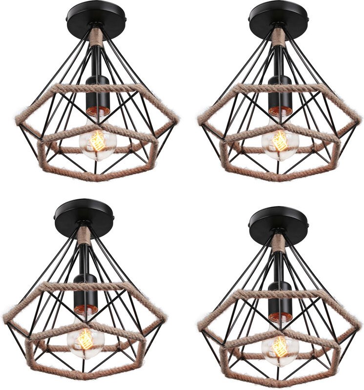 Axhup - 4er Pendelleuchte Hanf Seil Hängelampe mit Käfig Ø25cm Diamant Form Lampen im Industri Stil für für Wohnzimmer E...