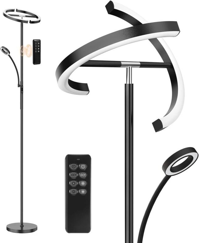 Antenlicht LED Stehleuchte Schwarz 22W mit Leselampe 7W,175cm,dimmbar 3000K-6000K,Fernbedienung,CRI95,für Wohnzimmer Sch...