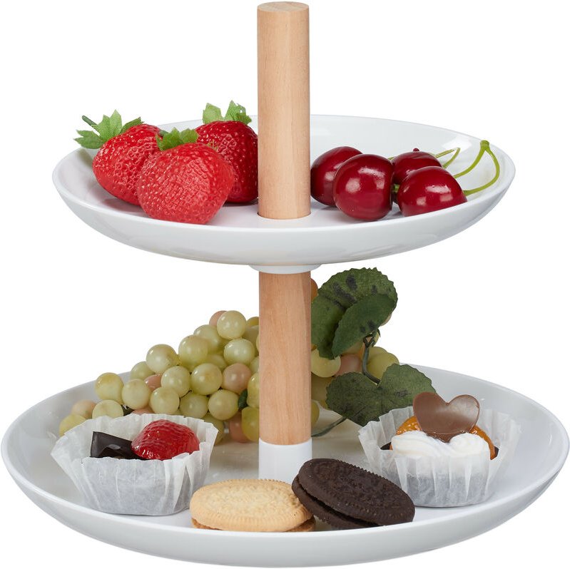 Etagere, 2 Etagen, Kunststoff & Holz, runder Servierständer, HxD 19x21 cm, Cupcake Ständer, modern, weiß/natur - Relaxda...